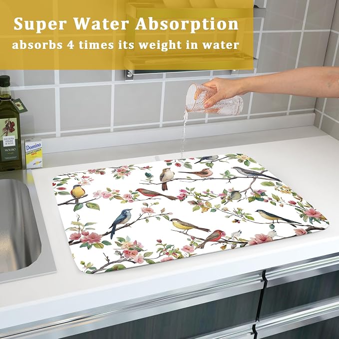 Spring Dish Drying Mat for Kitchen Counter Cute Birds Summer Holiday Microfiber Absorbent Dish Draining Reusable Washable Foldable Extra Large 18"x24"