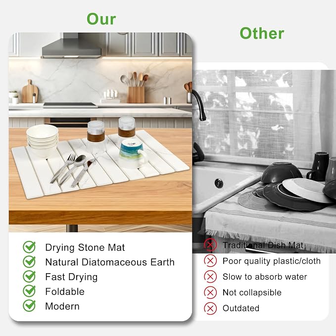 Large Stone Drying Mat for Kitchen Counter - 24"x16"Quick Drying Fast Absorbent Non-Slip kitchen Dish Drying Mats, Friendly Foldable Diatomaceous Earth Mats for Dishes Cups,Match Any Countertop