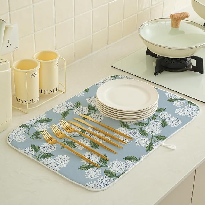 Light Blue Dish Drying Mat 18x24 Inch Vintage Blue Green Floral Hydrangea Flower Drying Mat Spring Summer Absorbent Dish Drying Pad Dish Rack Drainer Mats for Kitchen Dining Counter