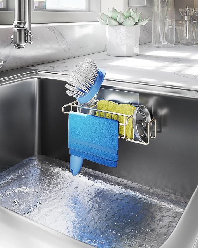 HapiRm Sink Caddy Sponge Holder - No Drill Sponge Holder for Kitchen Sink, Rustproof and Waterproof Kitchen Organizer - Brushed Nickel（8.65 * 3.54 * 2.36 in）
