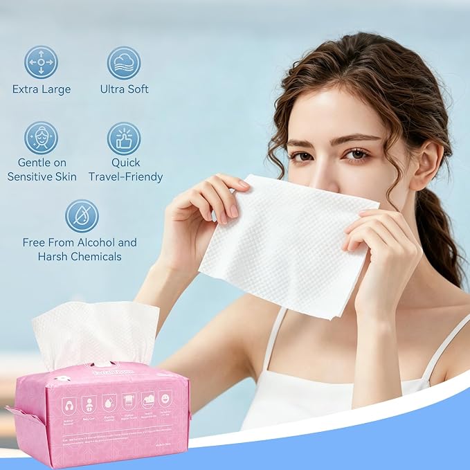 Disposable Face Towels 80 Count, 100% Pure Cotton Soft Facial Tissues, Lint-Free Wet Dry Use Face Cloths, Dual Texture Makeup Remover Wipes for Sensitive Skin, Baby Care & Household Daily Use