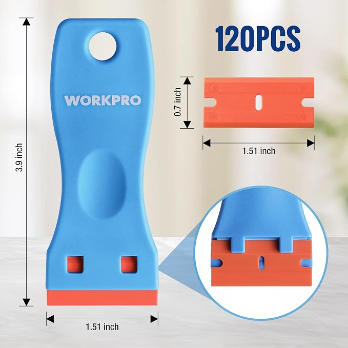 WORKPRO Plastic Razor Blade Scraper Kit, 3 Scrapers with 120 Blades | Safer Plastic Blade Design, Helps Reduce Scratches, Removes Stickers, Labels, Glue & Residue from Glass, Windows & More