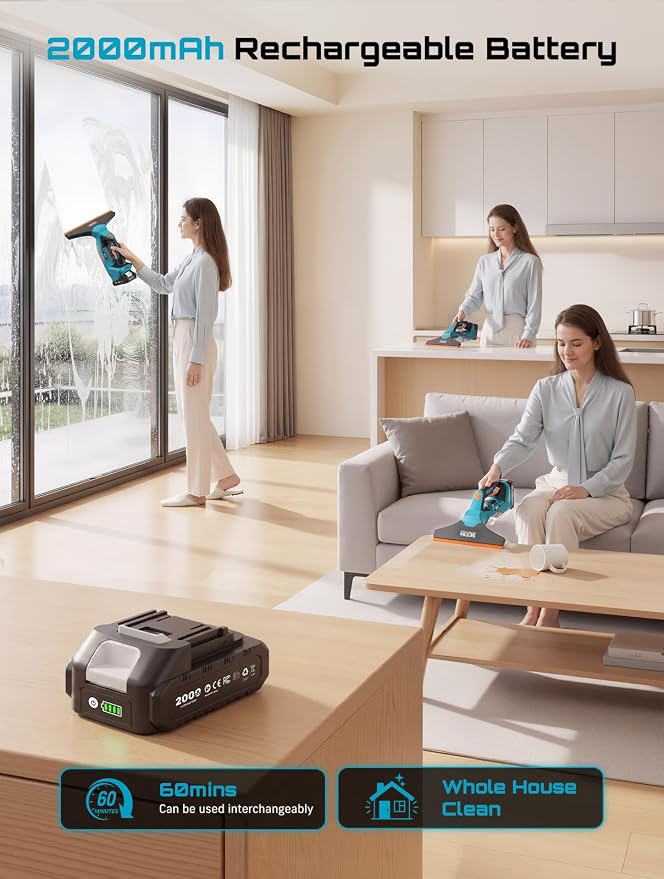 SEESII Cordless Window Vacuum Squeegee Streak-Free for Mirrors Glass Tiles | 11" and 6.7" Squeegees, 2000Pa, 60Mins, 2000mAh Battery,150ml Water Tank