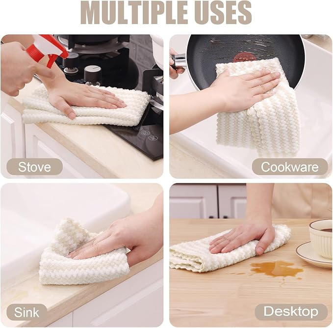 Homaxy Kitchen Towels(12 Pack, 10 x 20 inches), Ultra Soft and Absorbent Dish Towels, Reusable Fast Drying Microfiber Cleaning Cloth, Coral Velvet Wave Design No-lint, Beige