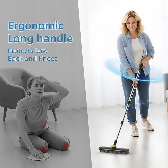 Floor Scrub Brush with Long Handle, 3 in 1 Scrape and Heavy-Duty Stiff Bristle Floor Scrubber Brush Broom with Squeegee and Tweezer for Cleaning Black