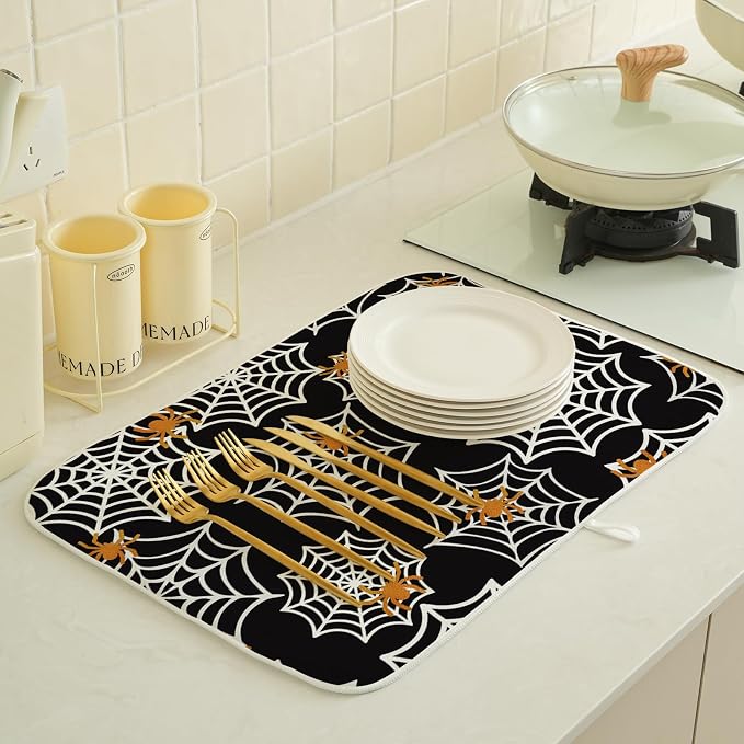 Halloween Dish Drying Mat 18x24 Inch Black Orange Golden Spider Webs Drying Mat Fall Autumn Holiday Absorbent Dish Drying Pad Dish Rack Drainer Mats for Kitchen Dining Counter