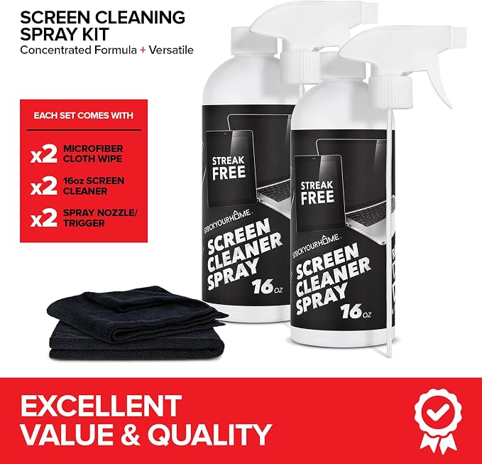 16oz Screen Cleaning Kit with Spray and Micro-Fibre Cloth Wipe (2 Pack) for Car Screens, Computer Screens, Laptops, iPads & Phones; Touchscreen Electronics Cleaner to Erase Dust or Fingerprints