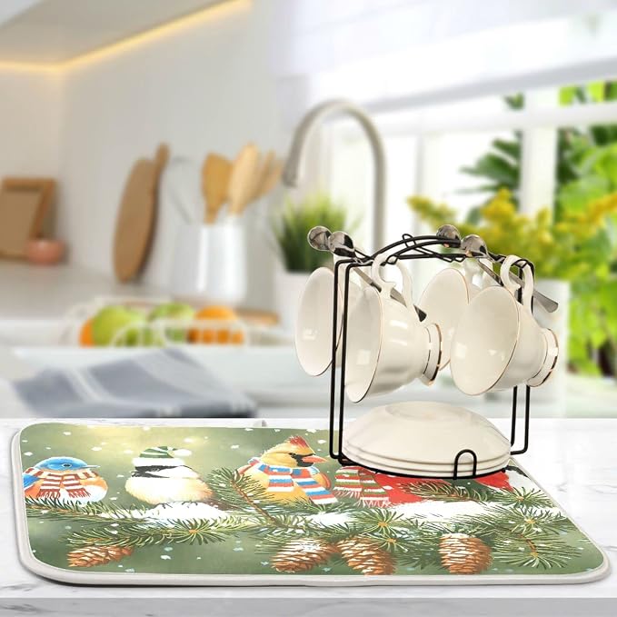 Absorbent Dish Drying Mat for Kitchen Counter - Christmas Birds Snow Microfiber Drying Pad, Reversible Drainer Mats for Countertop, Large 18" x 24"