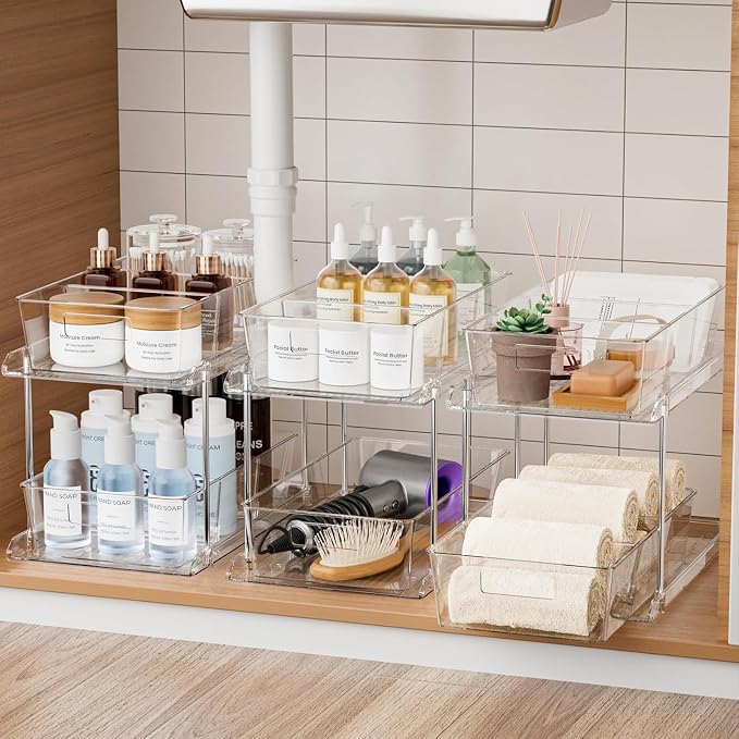 Fabspace Bathroom Under Sink Organizers and Storage, 2 Tier Vanity Countertop Pull-out Cabinet Organizer, Storage Container, Multi-Purpose Kitchen Pantry Organization with Dividers, 3 Packs