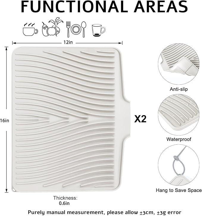 TIKNIK Silicone Dish Drying Mat for Kitchen Counter - Heat Resistant & Non-Slip Dish Drain Pad with Built-In Drain, Dishwasher Safe, Quick-Dry, Hangable & Roll-Up for Storage, Cream-2pcs, 16" x 12"