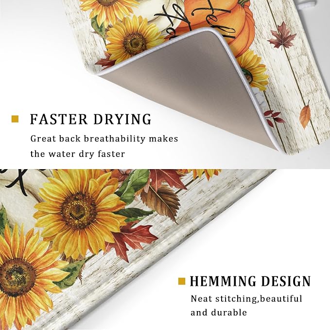Hello Fall Dish Drying Mat Autumn Pumpkin Dish Drainer Rack Mats 18"x24" Fast Dry Microfiber Dish Drying Pad for Kitchen Countertop Table