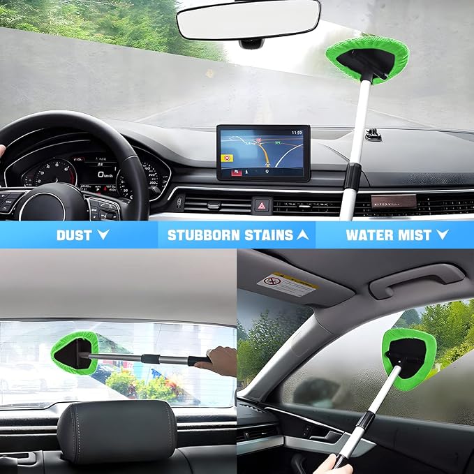 Extendable Car Windshield Cleaning Tool with Microfiber Pads, Green | reusable glass-wiper design, interior and exterior window use, fits most cars, SUVs, and trucks, automotive cleaning tools
