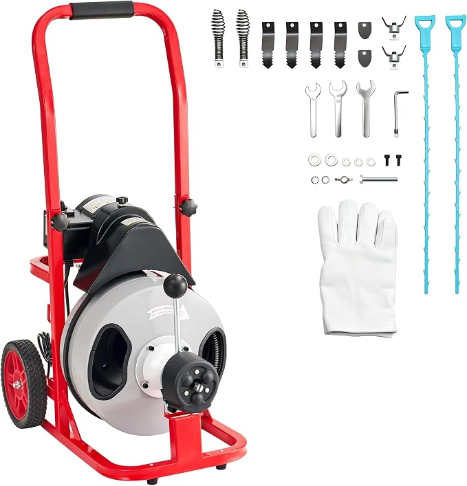 Albott 100 FT x 1/2 inch Electric Drain Cleaner Machine with Auto-Feed & 10 Cutters, Sewer Snake Auger for 1–4 Inch Pipes, Foot Switch & Wheels, Ideal for Home & Commercial Use, Gray/Red