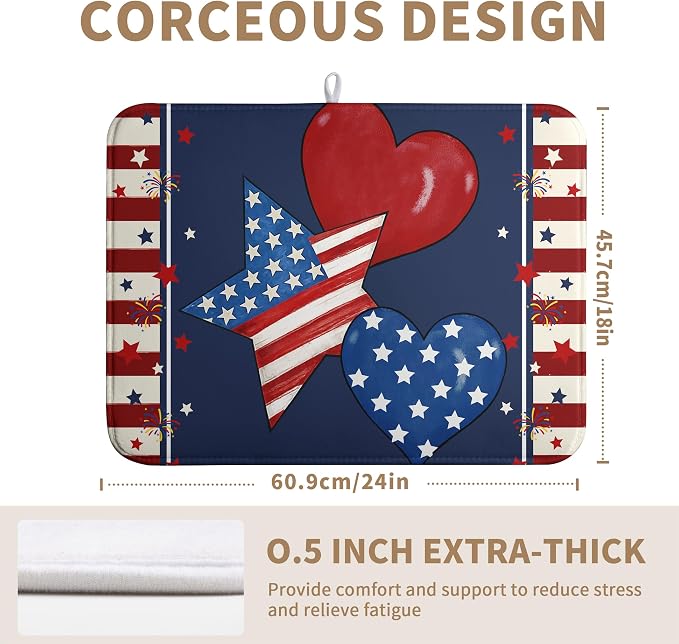 4th of July Star Dish Drying Mats Patriotic Hearts Dish Mat Blue Red Firework Drying Matt Dishes Dryer Pad for Kitchen Counter Absorbent Microfiber Washable Foldable Reusable 18x24 in