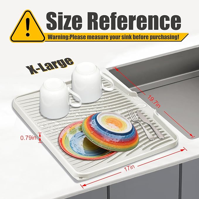TIKNIK Silicone Dish Drying Mat for Kitchen Counter - Heat Resistant & Non-Slip Dish Drain Pad with Built-In Drain, Dishwasher Safe, Quick-Dry, Hangable & Roll-Up for Storage, Cream-1pcs, 20" x 15"