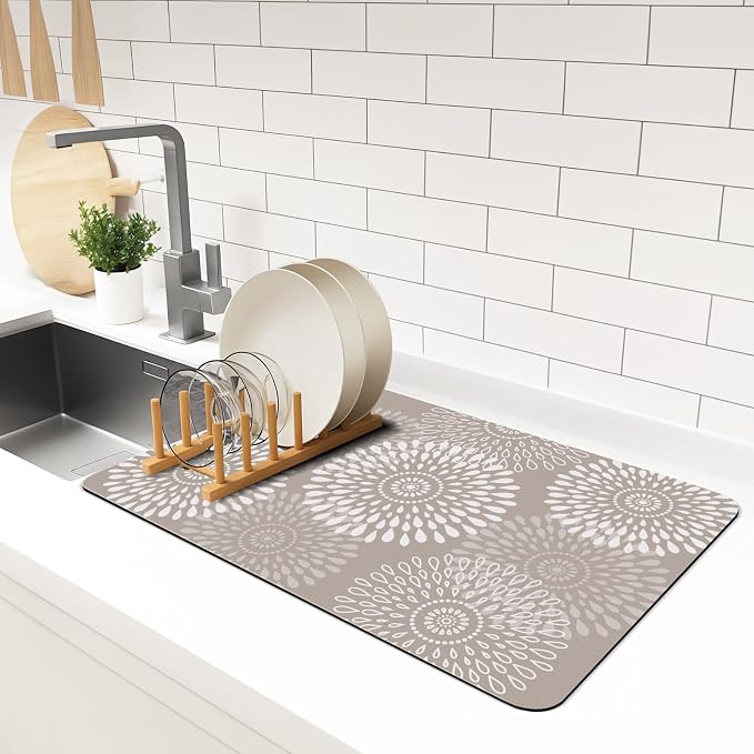 LuxStep Dish Drying Mat Super Absorbent Kitchen Counter Mat Rubber Backing Draining Mat Easy to Clean Kitchen Accessories Dish Rack Pad for Dishes, Utensils, Countertops, Sinks 16" x 24" Khaki