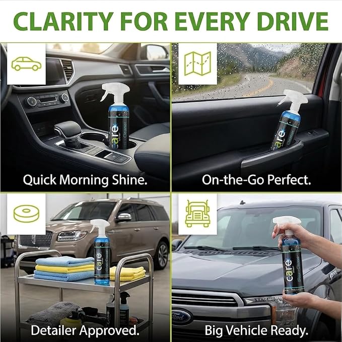 Care Glass Cleaner Spray, Streak-Free Car Window Cleaner for Windshields, Mirrors & Tinted Glass, Professional Window Cleaning Kit, Car Essentials, 16 oz