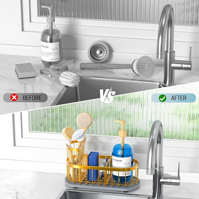 Sponge Holder for Kitchen Sink with High Brush Holder, [Stay-Dry Anywhere & No Drainage Needed] Rustproof Stainless Steel Kitchen Sink Caddy Organizer with Water Absorbing Stone Tray, Gold