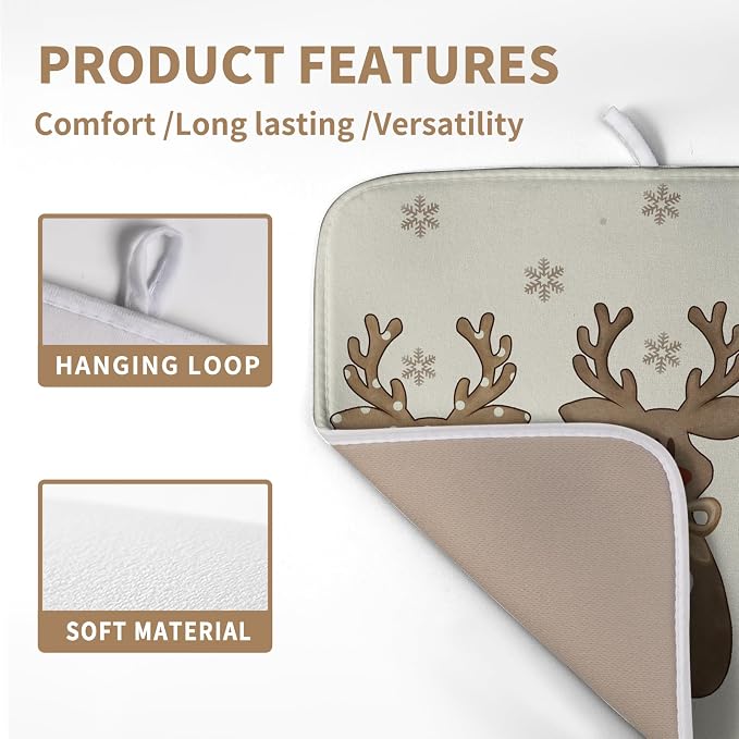 Christmas Reindeer Snowflakes Dish Drying Mat for Kitchen Counter 16x18 Inch Winter Xmas Holiday Drying Pads Microfiber Absorbent Dish Draining Mat Large Dish Drainer Rack Mat