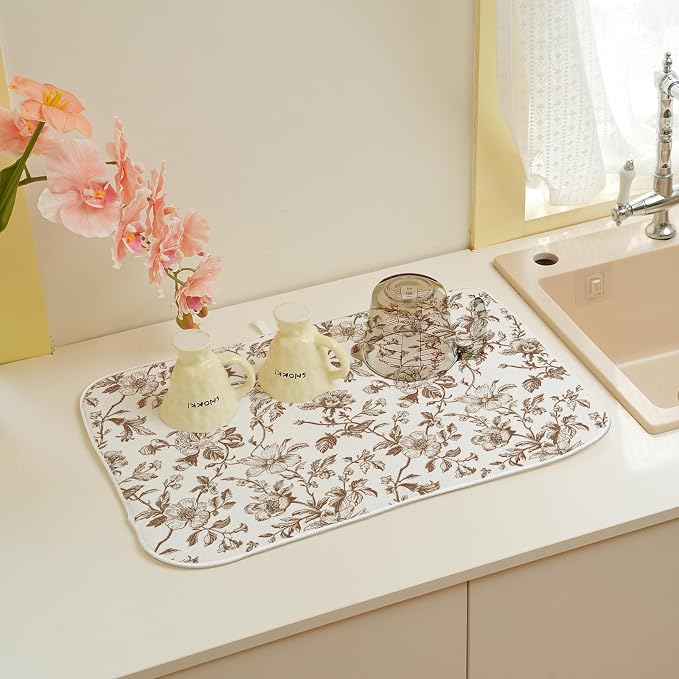 Brown Floral Dish Drying Mat 18x24 Inch Vintage Fall Brown Floral Drying Mat for Kitchen Counter Absorbent Autumn Flowers Dishes Dry Pad for Drainer Rack Kitchen Fast Dry