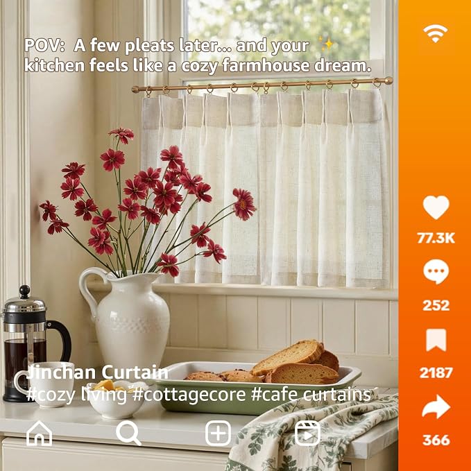 jinchan Linen Pinch Pleated Back Tab Tier Curtains,26x20,2 Panels,Natural | Light filtering,small window treatment,cafe curtains,machine washable,farmhouse,kitchen,bathrooms,laundry