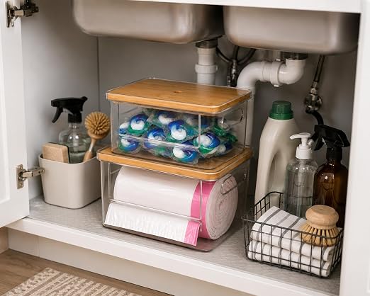 2-in-1 Stackable Trash Bag Dispenser & dishwasher pod holder with Wooden Top – Garbage Bag Holder for 13-33 Gallon Bags – Trash Bag Dispenser Under Sink with Anti-Slip Base for Laundry Detergent Pods