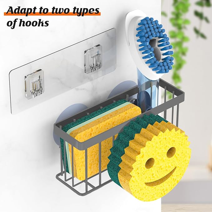 MURLONG Sponge Holder Smiley Face,Sink Caddy for Kitchen Sink,Sponge Holder with 2 PCS Suction Cups/1 PCS Adhesive Strips,Designed for Sponge,Soap,Dish Brush,Scrubber-Charcoal Gray
