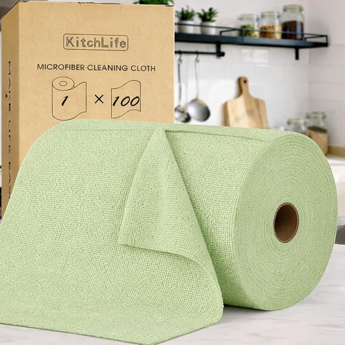 KitchLife Microfiber Cleaning Cloth Roll, 100 Pack - Tear-Away Microfiber Paper Towels, Lint-Free, Reusable, Washable for Kitchen, Car, Dishes, and Sensitive Surfaces (Bean Green)