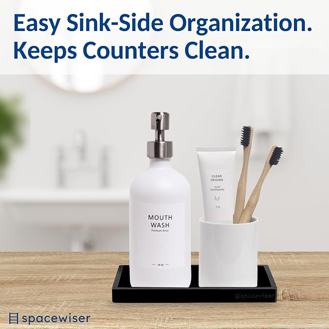Spacewiser Countertop and Vanity Tray - 2 PC Small 7.7" Silicone Bathroom Trays, Kitchen Soap Tray, Dish Sponge Soap Holder Kitchen Sink Organizer Caddy, Bathroom Counter Trays for Lotion Dispenser