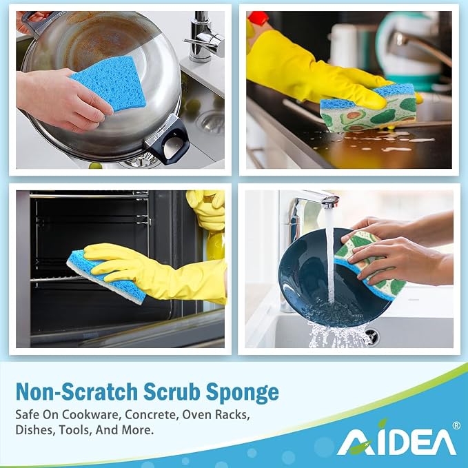 AIDEA Sponges Kitchen, Non-Scratch Scrub Sponge-6Count, Sponges for Non-Stick Cookware, Cellulose Sponge for Dishes, Cleans Fast Without Scratching, Cleaning Power for Kitchen, Bathroom, Household