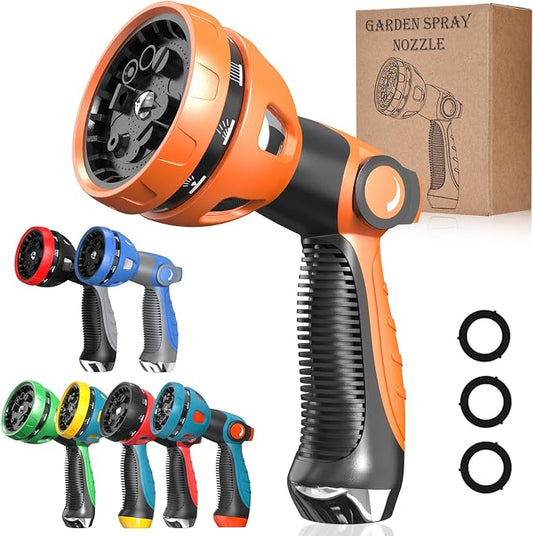 Water Hose Nozzle|Garden Hose Nozzle Hose Spray Nozzle with 10 Patterns High Pressure Hose Nozzles for Garden Hose for Watering Plants Washing Cars Pets(Orange)