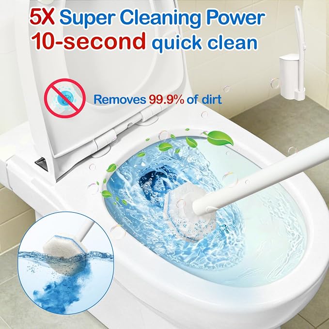 Disposable Toilet Brush and Holder Set, 20 Pre-Filled Refills, 5X Powerful No-Shed Pads, 360° Deep Toilet Bowl Clean, Toilet Bowl Cleaners with Storage Caddy & Adhesive Hooks