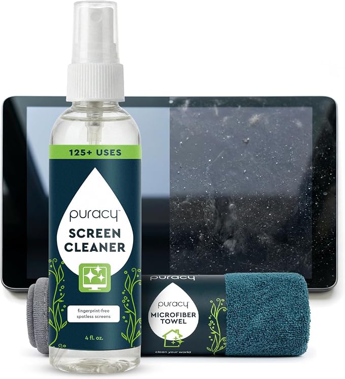 Puracy Screen Cleaner with Microfiber Cloth – All Purpose Phone, Laptop, Computer, TV Screen Cleaner for Smart TV, Streak-Free and Fingerprint-Free (4 oz, Free & Clear)