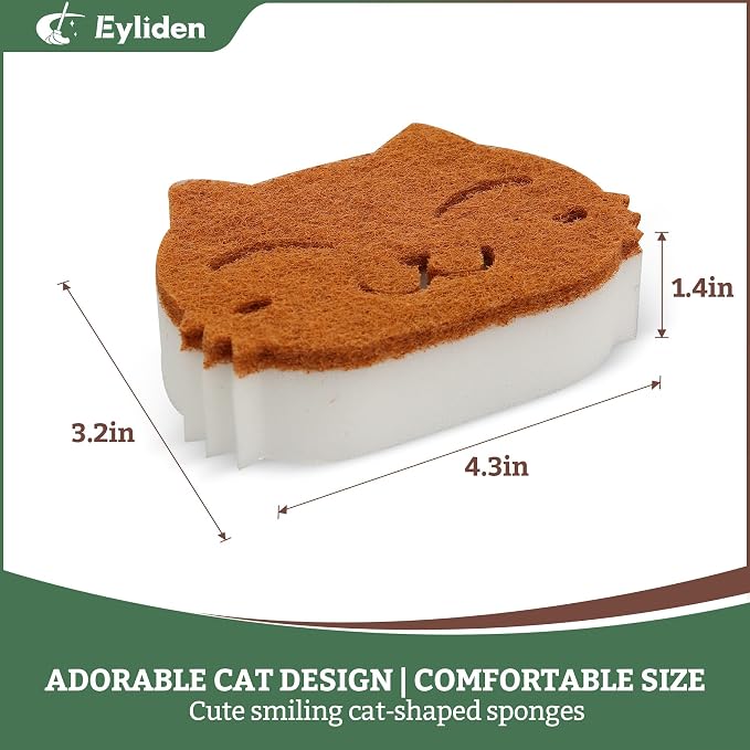 Eyliden Cat Scrub Sponges, 6 Pack, Plant-Based, Dual-Sided | Dish Sponges for Kitchen & Bathroom, Non-Scratch Cleaning for Dishes, Pots, Pans, Glassware
