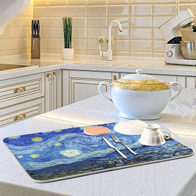 Absorbent Dish Drying Mat for Kitchen Counter - Van Gogh's Starry Sky Blue Microfiber Drying Pad, Reversible Drainer Mats for Countertop, Small 16 x 18 inch