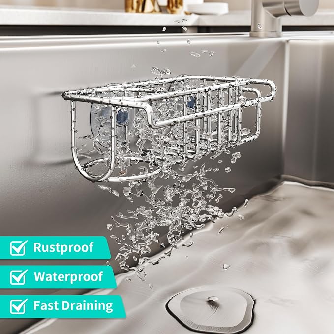 HapiRm 4 in 1 Sink Caddy Sponge Holder, SUS304 Stainless Steel Kitchen Brush Holder and Dish Cloth Hanger, Kitchen Organizers and Storage Essentials - Silver