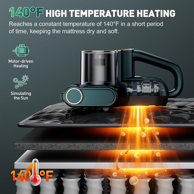 CFBF Mattress Bed Vacuum Cleaner with 16Kpa Suction & 253.7nm UV-C Light | Ultrasonic & High Heating, 500W Powerful Double-Cup Handheld Vacuums for Bed, Sofa, Couch, Crib, 16.4FT Corded