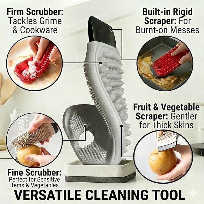 3-in-1 Silicone Dish Sponge - BPA-Free Food-Grade Cleaning Brush with Dual-Sided Scrubber & Scraper, Hanging Hole Fast-Dry Reusable for Dishes/Fruits/Vegetables (Grey 2PCS)