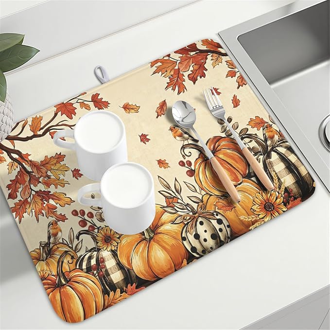 Fall Orange Pumpkin Dish Drying Mat for Kitchen Counter 18 x 24 Inch Autumn Maple Leaf Dish Drainer Mat Absorbent Microfiber Thanksgiving Harvest Dish Rack Pad for Coffee Dining Bar Decor