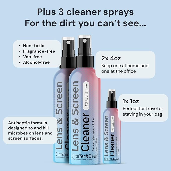 Elite Tech Gear Microfiber Cleaning Cloth Kit with Lens Cleaner Sprays | 2-pc Glasses Cleaning Cloths - 3-pc Alcohol Free Lens Cleaner Sprays - Streak-Free - Safe for Delicate Lenses, TV's & Phones