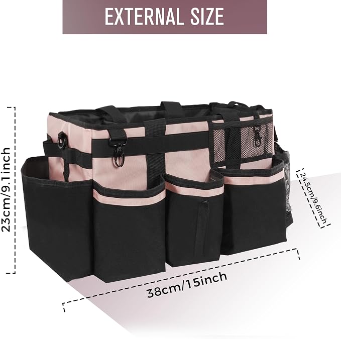 SCAVATA Wearable Cleaning Caddy, Cleaning Caddy Supplies Organizer with Handle & Shoulder Straps for Housekeepers, Under Sink & Car Cleaning Tool Organizers Bag with 4 Foldable Divider (Pink)