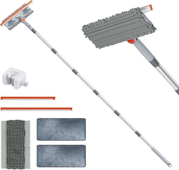 6.4FT Extendable 2-in-1 Window Washing Kit with Long Handle, 180° Rotatable Head & No-Drill Storage Holder, Streak-Free Window Squeegee for High Windows, Glass, Shower, and Car Windshield Cleaning