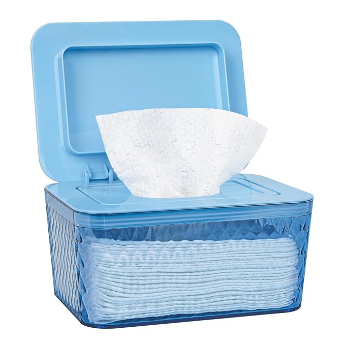 Wipes Dispenser, One-Handed Operation Wipe Holder for Baby & Adult, Seal-Designed Wipes Container for Bathroom Keep Diaper Wipes Fresh (Blue)