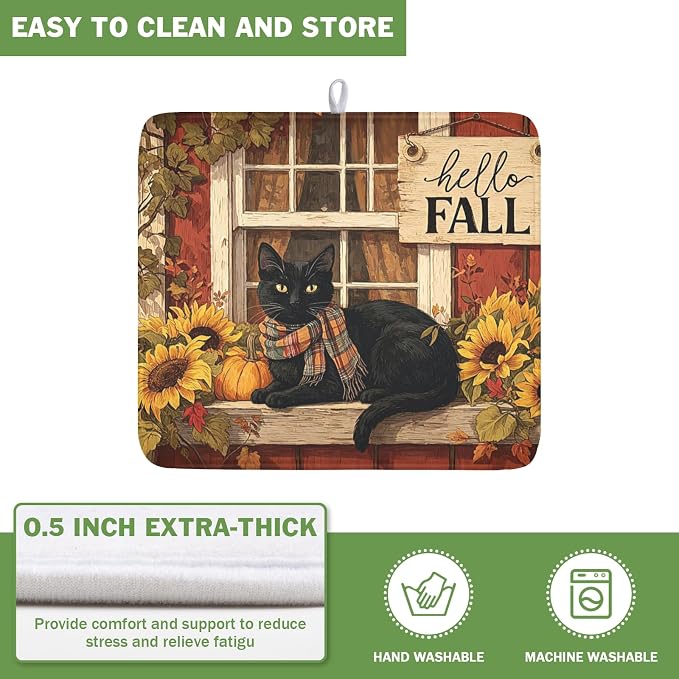 Fall Dish Drying Mat for Kitchen Counter Vintage Autumn Cat Sunflower Pumpkin Microfiber Dish Drainer Mat Rustic Farmhouse Absorbent Washable Drying Pad Extra Large 16"x18"