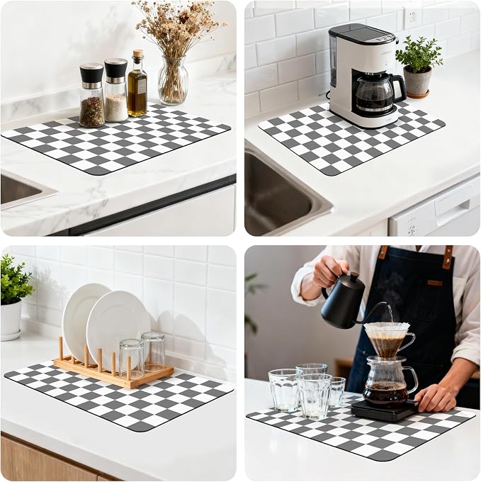 12" x 20" Checkered Dish Drying Mat for Kitchen Counter, Absorbent Coffee Bar Mat for Espresso Machine Coffee Countertops Accessories, Grey