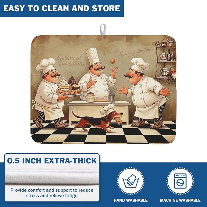Fat Chef Dish Drying Mat For Kitchen Counter 18x24 Inch Microfiber Absorbent Drying Pad Chef Kitchen Drying Mat Dishes Pad Dish Drainer Rack Mats For Coffee Bar Decor Mats