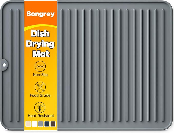 Songrey 16" x 12" Silicone Dish Drying Mat, Kitchen Counter Drying Pad for Sink Dishes or Under Rack, Multi-Use as Heat Resistant Trivet, Coffee Bar Mat