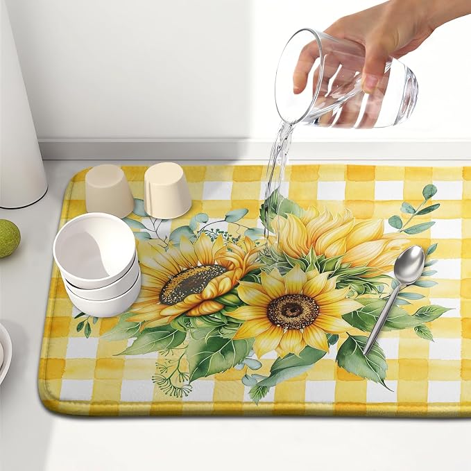 Sunflower Dish Drying Mat 16x18 Inch Absorbent Reversible Summer Sunflower Drying Mat Summer Plaid Dish Drying Rack Mat Yellow Summer Themed Dish Drainer Mat for Kitchen Counter Coffee Bar