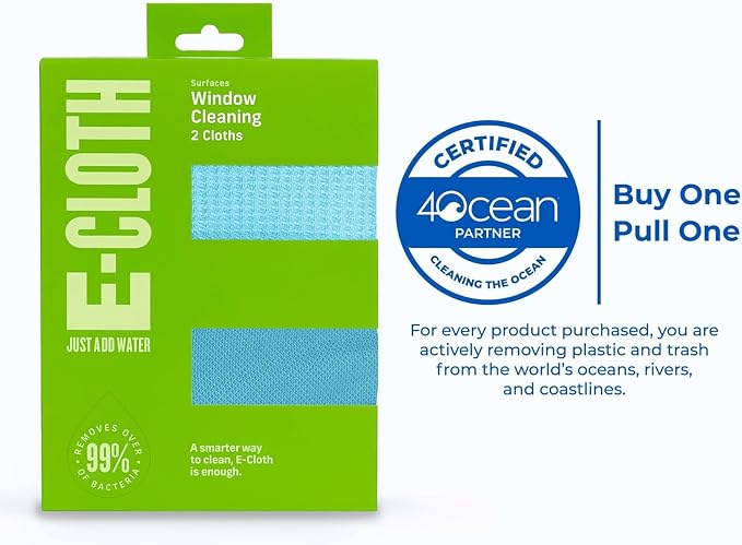 E-Cloth Microfiber Window Cleaning Cloth Kit - Glass Cleaning Cloth for Windows, Mirrors, Cars, Lenses, Eyeglasses, & More, Streak Free Clean, Machine Washable Reusable Towel - Green