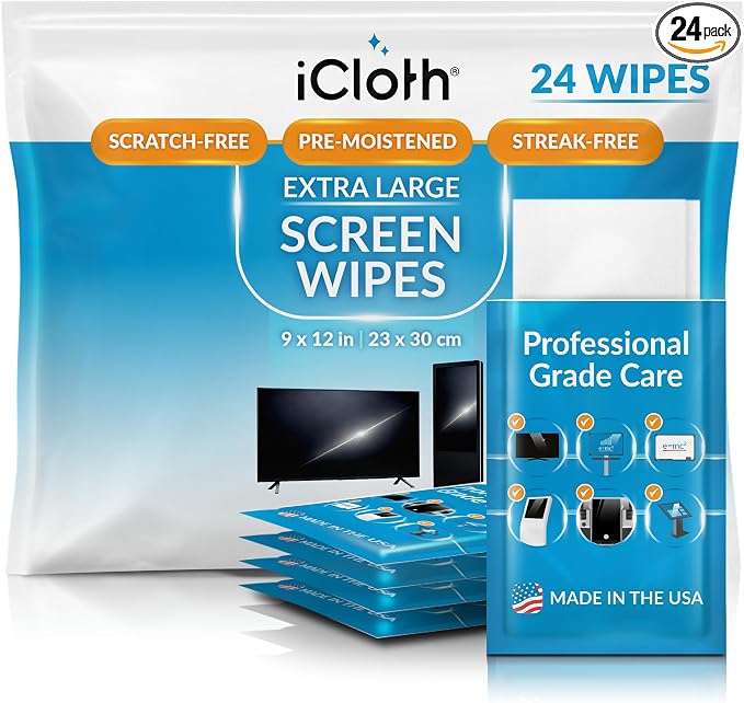 iCloth XL Screen Cleaning Wipes, Lint-Free and Streak-Free, Fast-Drying, Removes Dust, Fingerprints, and Smudges (24 XL Wipes)